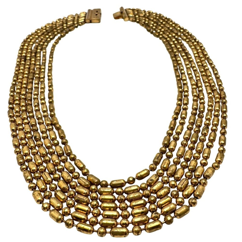 Vintage 7 Multi-Strand Gold-Tone Beaded Necklace With Intricate Clasp 16"